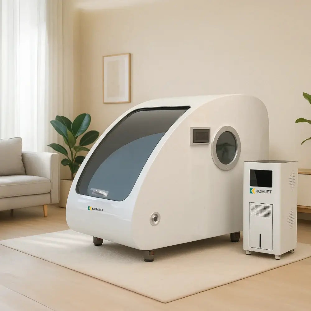 KOMJET Whale Cabin 2.0 hyperbaric oxygen chamber for client wellness in a modern interior.
