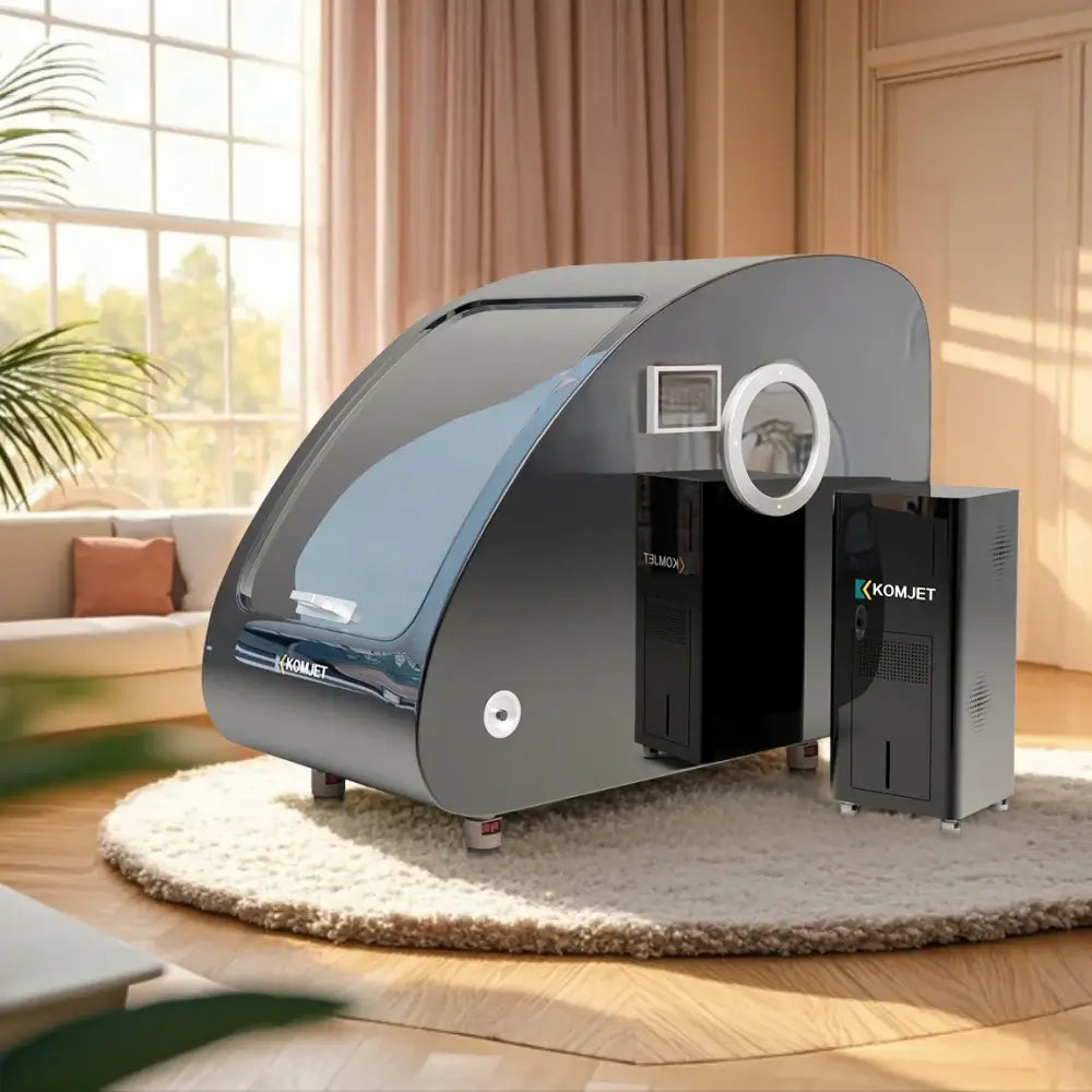 KOMJET Whale Cabin 2.0 hyperbaric oxygen chamber designed for client wellness in a modern setting.