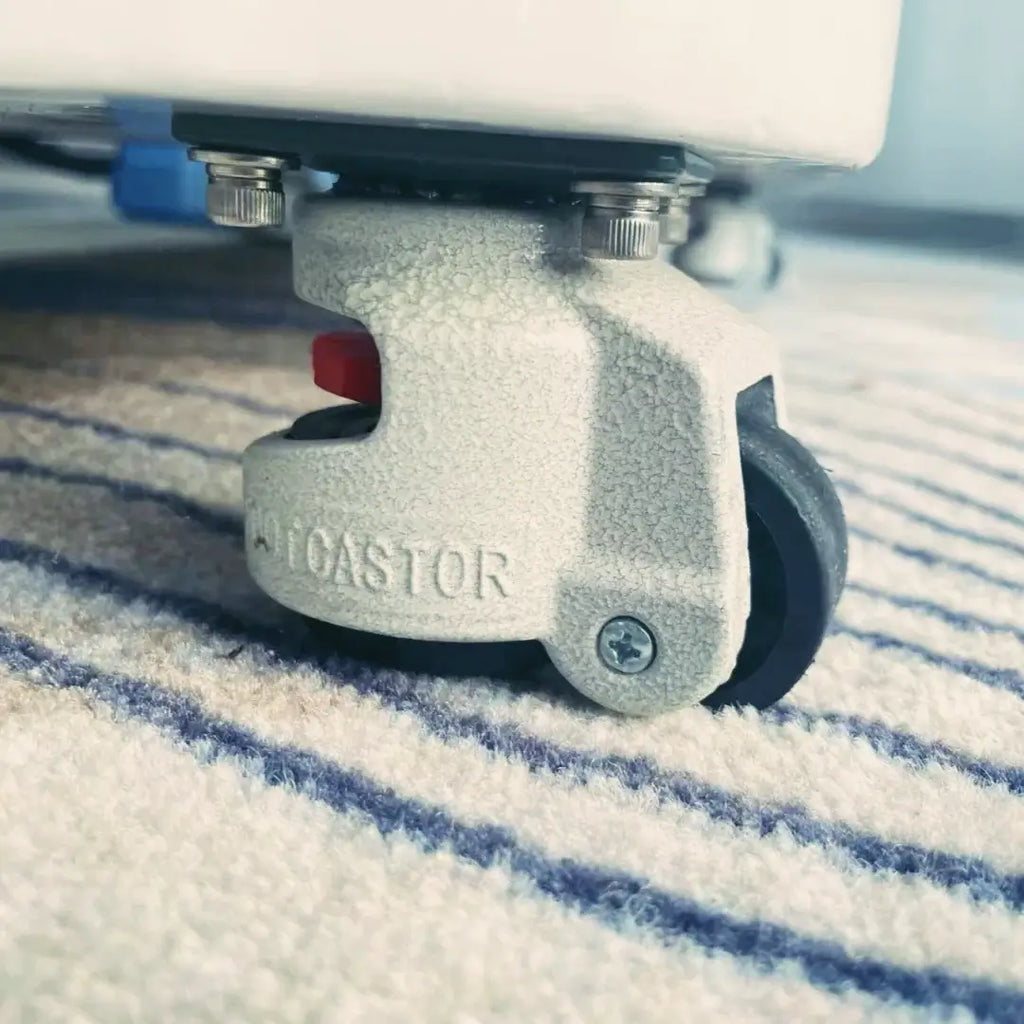 Close-up of a durable caster wheel designed for mobility and stability on various surfaces.